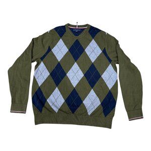 Tommy Hilfiger Argyle Cotton Crewneck Sweater in Olive & Navy Classic Style XXL